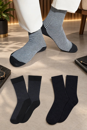 Men Bamboo Socks for |Long Length| Black grey stripe,Black white stripe, or Navy blue classic