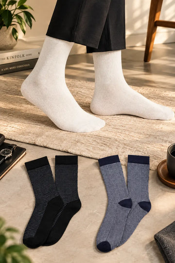 Men Bamboo Socks for |Long Length| White classic, Black grey stripe, Navy blue arrowhead