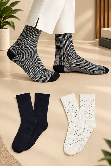 Men Bamboo Socks for |Long Length| Black pepita, Navy blue classic, White black dot