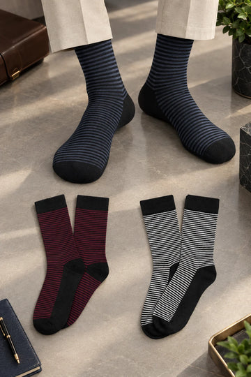 Men Bamboo Socks for |Long Length| Black grey stripe, Black wine stripe, Black white stripe