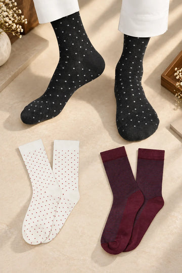 Men Bamboo Socks for |Long Length| Black white dot, White wine dot, Wine grey stripe
