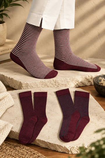 Men Bamboo Socks for |Long Length| Wine white stripe, Wine pepita, Wine grey stripe