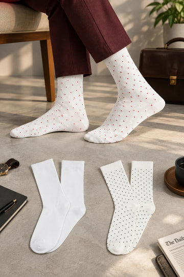 Men Bamboo Socks for |Long Length| White wine dot, White classic, White black dot