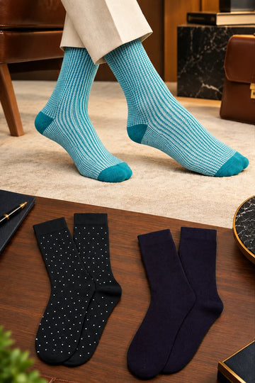 Men Bamboo Socks for |Long Length|Turquoise, Navy blue classic, Black white dot
